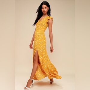 Lulus Fresh Picked Mustard Yellow Floral Print Backless Maxi Dress size small